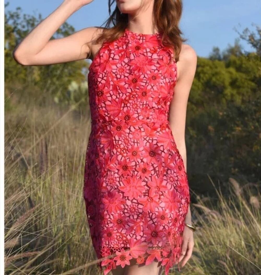 Adelyn Rae Mila Lace Floral Embroidered Mini Sheath Dress Red Pink - Picture 1 of 7